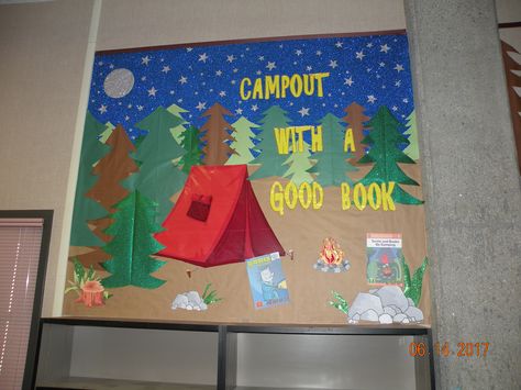 Classroom Jobs Bulletin Board, Camping Bulletin Boards, Camping Dramatic Play, Book Bulletin Board, Summer Bulletin Boards, Camping Classroom, Library Bulletin Board, Classroom Helpers, Camping Theme Classroom