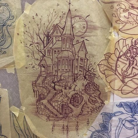 Cute Haunted House Tattoo, Creepy House Tattoo Design, Haunted House Tattoo Design, Witch House Tattoo, Victorian House Tattoo, Witchy Sleeve Tattoo, House Tattoo Ideas, Spell Book Tattoo, Tattoo Portfolio Ideas