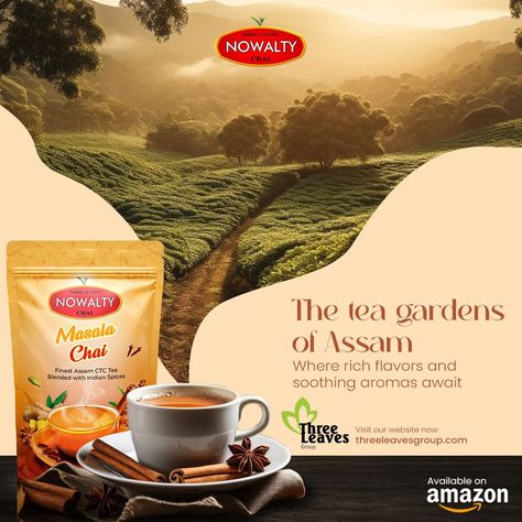 With Nowalty, every cup transports you to the heart of Assam, where the finest tea leaves are handpicked for an unparalleled taste journey. Let the essence of tradition and quality elevate your tea time. 🍃🍵 Explore the Richness! ☕️ #AssamTea #TeaGardenMagic #NowaltyTea #TasteTradition #AuthenticFlavors #Guwahati #Assam #nowaltychai #ThreeLeaves #tealovers Tea Creative Post, Tea Social Media Design, Tea Creative Ads, Tea Social Media Post, Tea Graphic Design, Tea Poster Design, Tea Label Design, Tea Social Media, Tea Advertisement