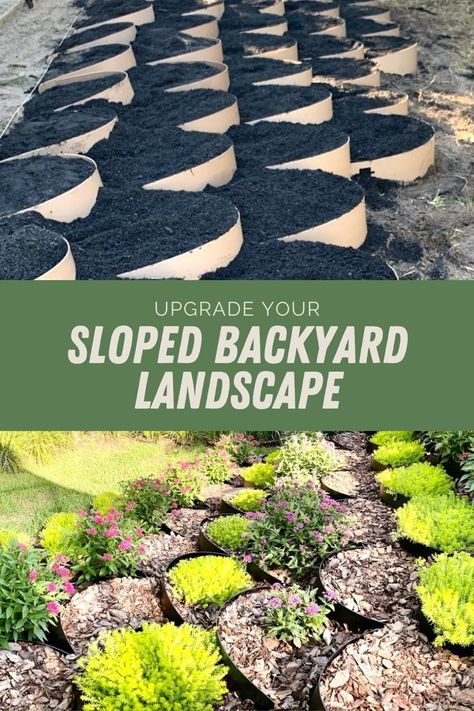 Backyard Ideas For Uneven Ground, Tiered Yard Landscaping Sloped Backyard, Large Hill Landscaping Ideas, Hillside Raised Beds, Prevent Erosion On A Slope, Hillside Garden Beds, Garden Slope Design, Planting On A Slope Hillside Landscaping, Erosion Control Flower Bed