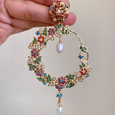 Large Navratan Chandbali Earrings | Statement Floral Chandbali | ER 63 Chand Bali Earrings, Jadau Jwellery, Jadau Earrings, Chand Bali, Temple Jewellery Earrings, Temple Jewelry Necklace, Fancy Jewellery Designs, Jewelry Set Design, Chandbali Earrings