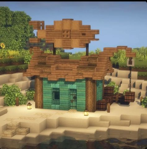 Minecraft Fishing Hut, Minecraft Beach House, Minecraft Small House, Minecraft Shops, Rumah Minecraft Sederhana, House Tutorial, Minecraft Structures, Minecraft House Plans, Minecraft Farm