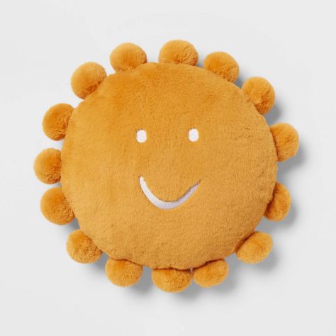 Add a cheerful accent to your child's bedroom decor with this Sunshine Pillow with Poms from Pillowfort™. Made from super-soft plush fabric in an orange hue, this round pillow has a sun design with a smiley face with white embroidered features and coordinating pompoms on the edge. They'll love to add this fun pillow to their sleeping space to create a comfy, friendly setting. Target Kids Bedroom, Smiley Face Pillows, Sunshine Pillow, Target Kids, Nursery Patterns, Summer Pillows, Pillow Fort, Round Pillow, Kids Bedroom Decor