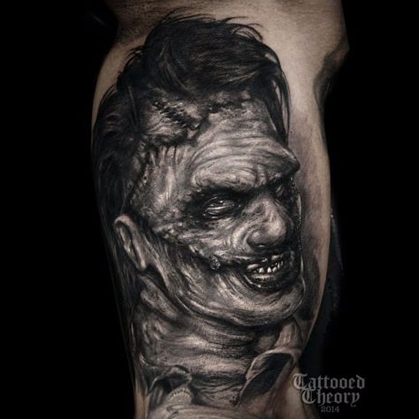 Leatherface Tattoo, Satanic Tattoo, Satanic Tattoos, Mens Tattoos, Zombie Drawings, Zombie Tattoos, Evil Skull Tattoo, Horror Movie Tattoos, Clown Horror