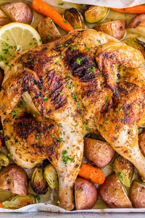 Spatchcock Chicken Recipe Video Best Whole Chicken Recipe, Chicken Cooking, Spatchcock Chicken, Whole Chicken Recipes, Chicken Recipes Video, Baked Vegetables, Winner Winner Chicken Dinner, Stuffed Whole Chicken, Pan Chicken