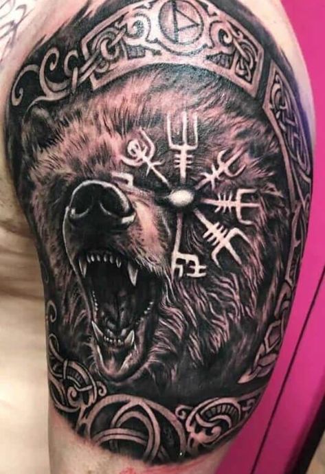 10+ Best Nordic Bear Tattoo Designs | PetPress Norse Dog Tattoo, Odin Bear Tattoo, Warrior Bear Tattoo, Men’s Viking Tattoos, Norse Mythology Tattoo Ideas, Norse Bear Tattoo, Bear Totem Tattoo, Nordic Bear Tattoo, Nordic Mythology Tattoo