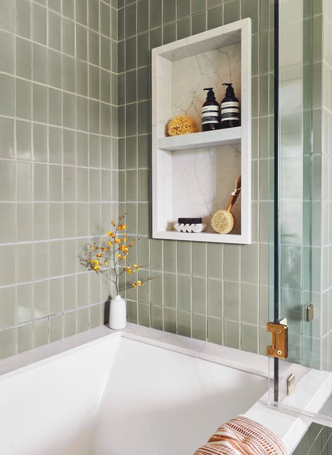 Tub Cubby Ideas, Guest Bathroom Single Vanity, Pale Green And White Bathroom, European Organic Modern Bathroom, Small Modern Bathroom With Tub Shower Combo, Family Shared Bathroom, Bathroom Vanity Tile Wall, Tile On Walls In Bathroom, Bathroom Vanity Next To Toilet