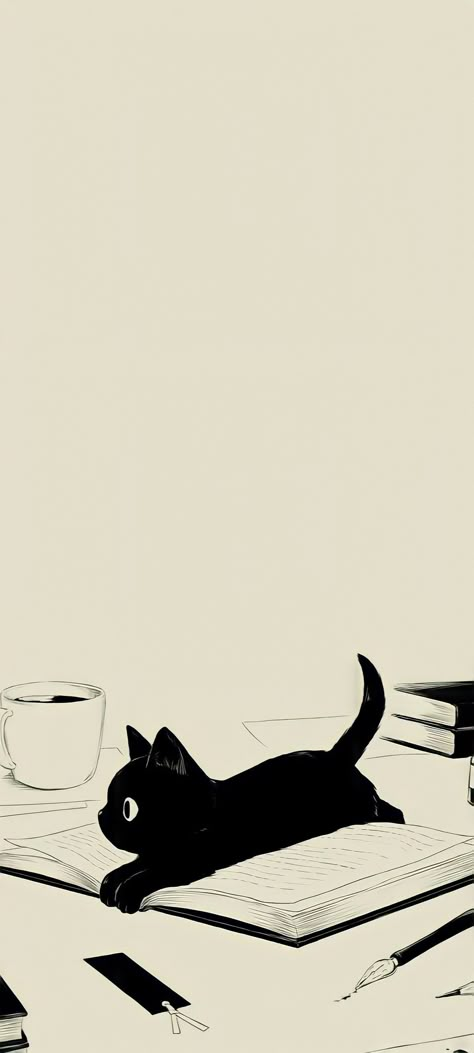 Anime Style Wallpapers Aesthetic, Minimalistic Cat Wallpaper, Ghibli Simple Wallpaper, Cat Themed Wallpaper, Discord Pfp Anime Black And White, Cute Animated Animals Wallpaper, Cat Lockscreen Aesthetic, Cat Background Aesthetic, Black Cat Art Wallpaper