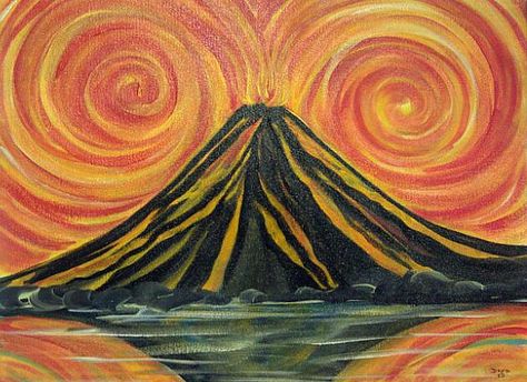 Volcano Art Project, Volcano Art For Kids, Volcano Artwork, Natural Disasters Art, Volcano Painting, Volcano Drawing, Volcano Art, Primary School Art, Kindergarten Art Projects