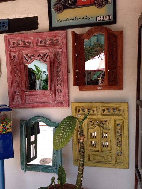 Window mirrors Indian Themed Living Room, Jharoka Mirror, Jharoka Painting, Rajasthani Furniture, Jharokha Mirror, Window Mirrors, Indian Mirror, Balinese Decor, Budget Interior Design