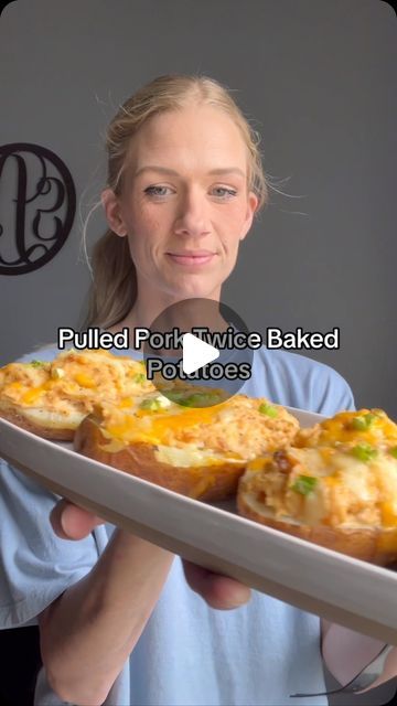 Andrea on Instagram: "✨Pull Pork Twice Baked Potatoes✨ 

1. Bake 5 jumbo potatoes and let cool a bit.
 Slice in half and scoop out the insides.  Leave a little around the edge. Place the insides of the potatoes in a large bowl.
2. Add 1 block of softened cream cheese to the potatoes, 3 TBSP of butter, 1/2 cup sour cream, 1 1/2 cups shredded cheese. 2 tsp garlic powder, onion powder, salt and pepper. Mix everything with a mixer until smooth.
3. Now add your pulled pork to the mixture. I did 1/2 a 24 oz tray I bought from the store. Feel free to add more. Then mix again.
4. Scoop your mixture into the potato skins.
5. Now top with more shredded cheese and green onions.
6. Bake at 350 degrees for 20 minutes.
7. Enjoy!" Pull Pork, Vegetables Recipes, Twice Baked, Twice Baked Potatoes, Pan Meals, Potato Skins, Dinner Sides, Baked Potatoes, Sheet Pan Recipes