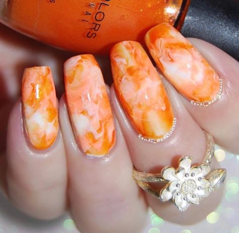 Orange Detail Nails, Orange And White Marble Nails, Orange Marble Nails Acrylic, Orange Marble Nail Designs, Orange Nails Abstract, Neon Orange Marble Nails, Orange And Yellow Marble Nails, Orange Marble Nails, Orange Pedicure