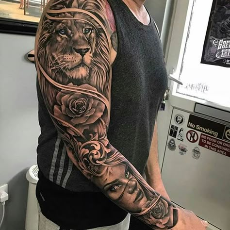 Lion On Shoulder Tattoo, Mens Lion Sleeve Tattoo, Morph Tattoo, Lion Tattoo Sleeve Men, Mens Lion Tattoo Shoulder, Lion Tattoo Sleeve, Tattoo Sleeve Designs Women, Lion Tattoo On Upper Arm, Lion Sleeve Tattoo