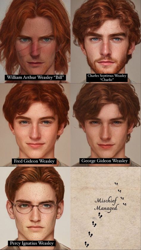 Weasley Brothers Fan Art, Ron Weasley Artbreeder, Charlie Weasley X Draco Malfoy, Bill And Charlie Weasley Fanart, George Weasley And Angelina Johnson, Percy Weasley Fan Cast, George And Fred Weasley Fan Art, Charlie Weasley X Y/n, Harry Potter George Weasley