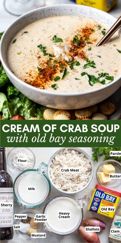 This Cream of Crab Soup is bursting with lump crabmeat and full of Maryland flavor, thanks to Old Bay Seasoning. So creamy and decadent. Cream Crab Soup, Maryland Crab Bisque, Cream Of Crab Soup Recipe Maryland, Cream Of Crab Soup Maryland With Sherry, Crab Stew Recipe Simple, Heavy Cream Soup Recipes, Coconut Cream Recipes Dinner, Crab Bisque Recipe Best, Crab Soup Recipes Easy