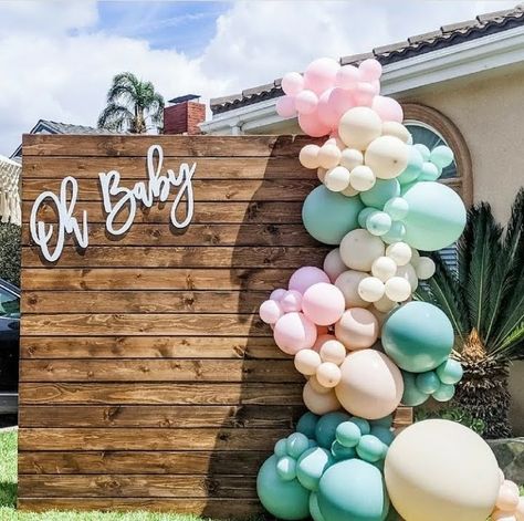 Balloon Arch With Wood Backdrop, Balloon Arch Wood Backdrop, Gender Reveal Wood Backdrop, Wood Backdrop With Balloons, Balloon Arch Ideas, Shower Balloon Arch, Baby Shower Balloon Arch, Baby Gender Reveal Party Decorations, Arch Ideas