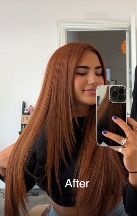 ginger colored hairstyle Hair Ideas Tan Skin, Copper Hair On Morena Skin, Latinas With Ginger Hair, Hair Color On Mexican Women, Nails For Ginger Hair, Hair Ideas For Dark Skin Tones, Ginger Hair Color On Tan Skin, Orange Brownish Hair, Auburn Money Piece Hair Brunette