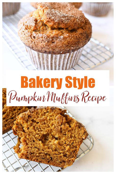 Bakery Style Pumpkin Muffins on a silver baking rack. This is a two image collage with text in the center. Jumbo Pumpkin Muffin Recipes, Jumbo Pumpkin Muffins, Pumpkin Muffins Jumbo, Jumbo Bakery Style Pumpkin Muffins, Jumbo Pumpkin Chocolate Chip Muffins, Alison Roman Pumpkin Maple Muffins, Jumbo Muffin Recipes, Best Pumpkin Muffins, Baking Fails