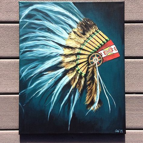 Native American Headdress painted by Ashley Schubert Designs. "Warbonnet" The Native American headdress, or warbonnet, was worn only by the most powerful and influential members of the tribe. Commonly made from the feathers of the golden eagle, each feather was earned for an honorable, brave act, giving it special meaning. #culture #courage #loyalty #hardship #strength #honor #leadership #beauty #earnyourfeather Abstract Acrylic Painting. Art & Design Inspiration. Request your own! #feedyoursoul Native American Headdress Art, Native American Woman Photography, Native American Woman Drawing, Headdress Painting, Painting Native American, Native American Art Projects, Headdress Art, Native American Woman, Native American Headdress