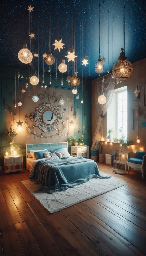 Starlight Room Aesthetic, Cool Room Wallpaper, Celestial Gaming Setup, Starry Bedroom Aesthetic, Space Room For Girls Bedroom, Starry Room Aesthetic, Astrology Living Room, Star Ceiling Bedroom, Planetarium Room