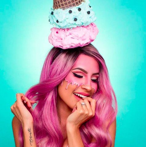 Ice Cream Costume, Maquillage Halloween Simple, Candy Costume, Melted Makeup, Candy Photoshoot, Artsy Makeup, Desi Perkins, Candy Makeup, Candy Costumes