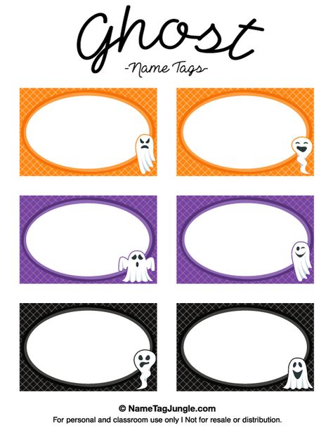 Free printable ghost name tags. The template can also be used for creating items like labels and place cards. Download the PDF at http://nametagjungle.com/name-tag/ghost/ Halloween Name Tags, Gnome Names, Cubby Tags, Spooky Diy, Name Tag For School, Name Tag Templates, Halloween Party Decor Diy, Name Tag Design, Halloween Names