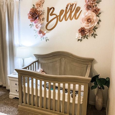 Shealey loved their purchase from EngravedHappyism Baby Girl Nursery Themes Flowers, Nursery Ideas Roses, Nursery Room Decor Ideas, Pink Wall Flowers Nursery, Nursery Name Sign With Flowers, Pink Safari Nursery Lambs & Ivy, Royal Paper, Blush Nursery, Nursery Accent Wall