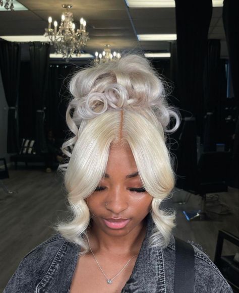 Ash Blonde Updo Black Women, Blonde Lace Wig, Blonde Updo, High Ponytail Hairstyles, Icy Blonde Hair, Frontal Wig Hairstyles, Birthday Hairstyles, Beauty Hairstyles, Frontal Hairstyles