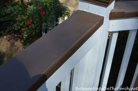 White House Black Deck Railing, Brown Painted Deck, Dark Brown Deck Paint, Brown And White Deck, Dark Brown Deck, Dark Wood Decking, Gray Deck, Deck Paint Colors, Brown Deck