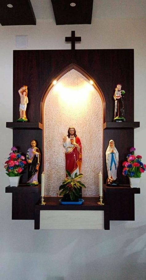 Altar Design Home Catholic, Wall Altar Ideas Catholic, Alter Design, Grotto Design, Christian Room Decor, Storage Furniture Design, Home Altar Catholic, Catholic Altar, Altar Design