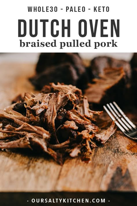 This is the best dutch oven pulled pork recipe! This dutch oven pulled pork is flavorful, versatile, and super easy! It's the perfect freezer stash protein for a whole30, and is naturally gluten free, paleo, and keto too! Oven braised pulled pork is crispy and tender, and an awesome meal prep recipe to add to salad salads, or tuck into lettuce wraps with paleo or whole30 slaw. #whole30 #paleo #keto #glutenfree #mealprep #pork Whole30 Protein, Paleo Pulled Pork, Dutch Oven Pulled Pork, Pulled Pork Oven Recipe, Oven Pulled Pork, Braised Pulled Pork, Pulled Pork Oven, Lime Cauliflower Rice, Cilantro Lime Cauliflower Rice