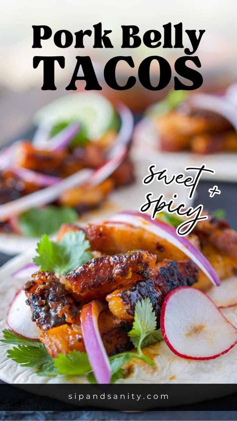 Explore a world of flavor with our Easy Pork Belly Tacos Recipe! Crispy, spicy, and oh-so-satisfying! Slow roasted for tenderness, then crisped up in a skillet and tossed with a honey chipotle salsa. These are delicious and addictive! Bar Taco Pork Belly Tacos, Bartaco Pork Belly Taco Recipe, Mexican Pork Belly, Pork Belly Tacos Recipe, Easy Pork Belly, Best Pork Belly Recipe, Spicy Pork Belly, Pork Belly Strips, Chipotle Salsa