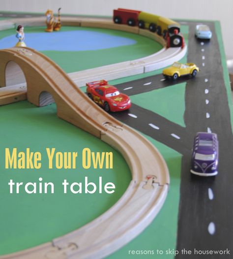 Make Your Own Train Table - Reasons To Skip The Housework Diy Train, Model Train Table, Kids Play Table, Train Board, Toy Trains Set, Train Table, Play Table, Wooden Train, Toy Rooms