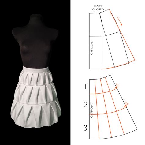 The recent skirt pattern with bamboo petal folds looks like this. 😊 It's the front piece only, but the back piece works in the same way. So, at the base, there's an A-line skirt. If you're starting from the basic skirt block, rotate the waist dart towards the hem and straighten the side seam by adding flare. Divide the length into three horizontal sections (more or less, depending on the length). Then, divide the front piece evenly into 4 vertical sections before separating the horizontal s... Basic Skirt Pattern, Dart Manipulated Skirt, Dart Manipulated Dresses Pattern, Bodice Dart Placement, Pleated Skirt With Yoke Pattern, Asymmetric Skirt Pattern Drafting, Pattern Making Tutorial, Sewing Darts, Basic Skirt