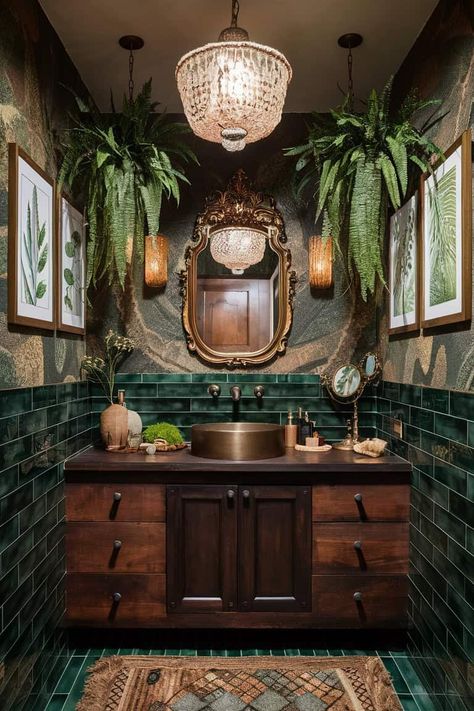 boho bathroom Small Kitchen Bathroom Ideas, Green And Black Salon Decor, Dark Bathroom Design Ideas, Vintage Maximalism Bathroom, Creamy Bathroom Ideas, Green Black Bathroom Ideas, Earthy Moody Bathroom, Woodsy Bathroom Ideas, Green Countertops Bathroom