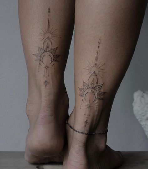 Cryptic Tattoos, Back Of Ankle Tattoo, Calf Tattoos For Women, Back Of Leg Tattoos, Chakra Tattoo, Yoga Tattoos, Ankle Tattoos For Women, Boho Tattoos, Anklet Tattoos