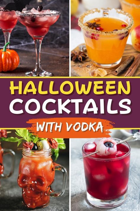 Titos Vodka Halloween Drinks, Best Halloween Drinks Alcohol, Spooky Vodka Drinks, Spooky Drinks Alcohol Vodka, Witches Brew Cocktail Vodka, Cute Halloween Cocktails, Halloween Drinks With Titos, Halloween Themed Mocktails, Halloween Martini Recipes Vodka