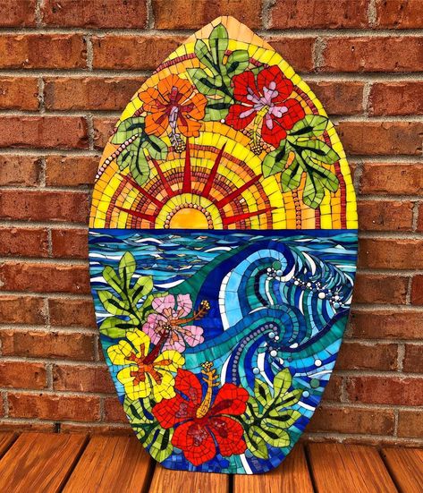 Lori Harris-Farr on Instagram: “Mosaic Skim Board is grouted. I am super happy with how it came out. Black grout really popped the details. The hibiscus flowers remind me…” Skim Board, Instagram Mosaic, Palm Frond Art, Black Grout, Palm Fronds, Super Happy, Hibiscus Flowers, Grout, Surfboard