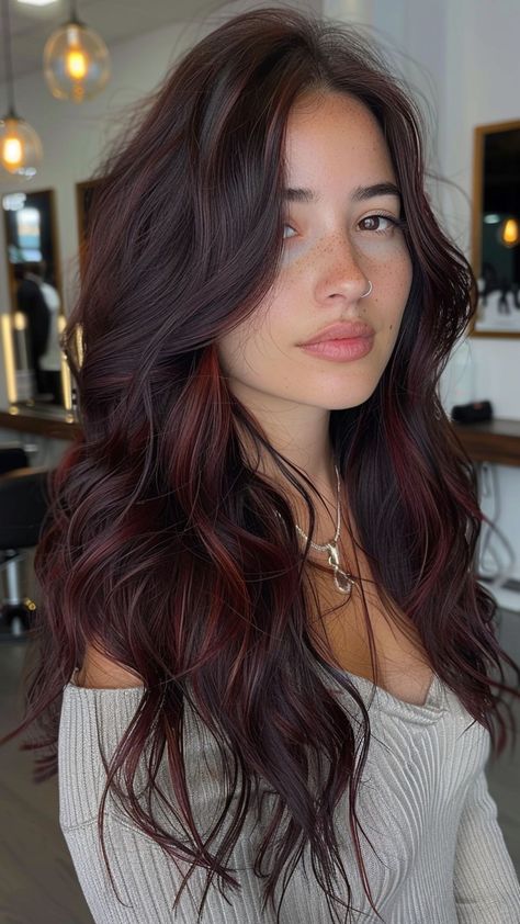 25 Dark Brown Hair Inspirations for a Chic Transformation Burgundy Hair On Tan Skin, Dark Hair With Cherry Highlights, Brunette Hair Burgundy Highlights, Dark Cherry Highlights On Brown Hair, Wine Highlights, Deep Red Highlights, Dark Brown Hair With Reddish Highlights, Dark Brown And Red Highlights, Dark Brown Hair With Cherry Highlights