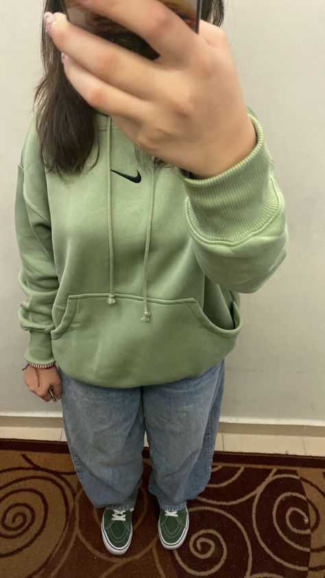 skater jeans from bershka, light green nike hoodie, green vans shoes Light Green Hoodie Outfit, Green Nike Outfit, Green Vans Outfit, Green Vans Shoes, Green Hoodie Outfit, Light Green Hoodie, Green Nike Hoodie, Green Vans, Vans Outfit