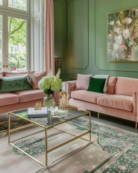 How to use pink and green in your living room 💚🌸 Before diving into specific decor ideas, it’s essential to understand the psychological impact of the colors pink and green. Pink, often associated with love and kindness, has a calming effect and can make a space feel more nurturing and warm. On the other hand, green, reminiscent of nature, promotes a sense of balance and renewal. Together, these colors can create a living room environment that feels both energized and relaxed, perfect for e... Living Room Inspiration Green, Pink Sofa Living Room Ideas, Green Living Room Color Scheme, Color Scheme Green, Sofa Apartment, Dark Living Room, Dark Green Living Room, Pink Living Room Decor, Green Living Room Decor