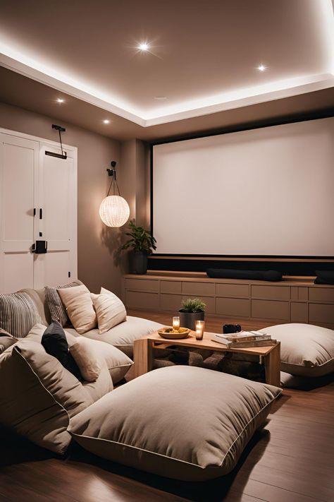 Cozy small home theater room with space-saving seating, DIY projector screen, and ambient lighting Projector Basement, Theater Room Ideas On A Budget, Small Home Theater Ideas, Small Home Theater Rooms, Home Theatre Room Ideas, Compact Room, Small Home Theater, Theatre Room Ideas, Home Theater Ideas