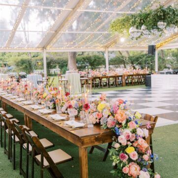 MEGAN & RYAN CURRY Floral Backyard Wedding, Spring Wedding Venue Ideas, Spring Tent Wedding, Spring Indoor Wedding, Checkered Dance Floor Wedding, Printed Dance Floor, Wedding Garden Theme, Wedding Ideas Colorful, Spring Backyard Wedding