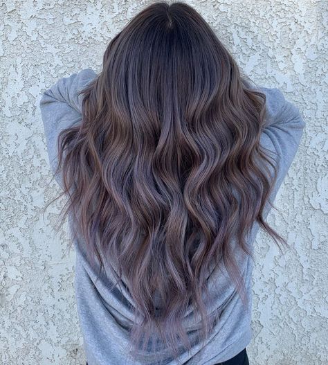 Ashy Purple Brown Hair, Purple Ash Brown Hair, Brown Lavender Hair, Ash Purple Hair Balayage, Purple Brunette Balayage, Ash Purple Balayage, Lavender Ash Hair, Lavender Brown Hair, Ashy Purple Hair