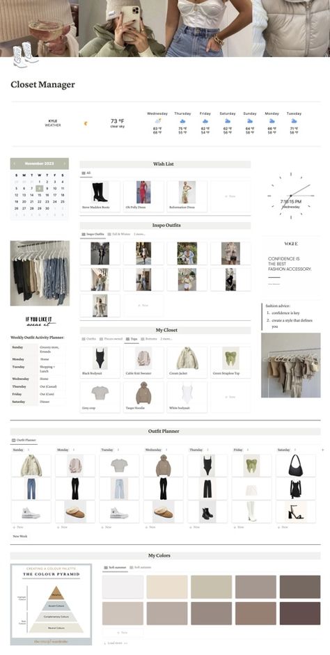 Notion closet manager and outfit planning page template. Includes: -Weather and calendar widget for easy outfit planning -Wishlist database -Inspira... Study Planner Free, Simple Weekly Planner, Calendar Widget, Etsy Planner, Outfit Planning, Event Planning Template, Outfit Planner, Etsy Shop Banner, Digital Organization