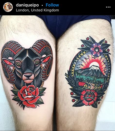 Traditional Style Aries Tattoo, Ram Skull Tattoo Traditional, American Traditional Aries Tattoo, Buffalo Head Tattoo Traditional, Old School Goat Tattoo, Neo Traditional Goat Tattoo, Mountain Goats Tattoo, American Traditional Capricorn Tattoo, Trad Goat Tattoo