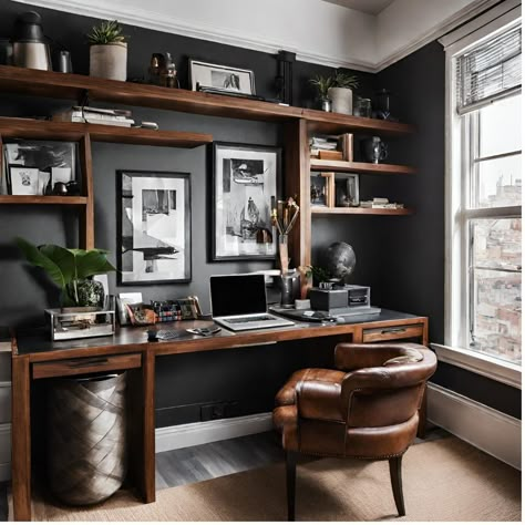 Home Cubicle, Masculine Office Decor, Mens Home Office, Home Office Dark, Masculine Home Office, Male Office Decor, Cubicle Ideas, Masculine Office, Masculine Home