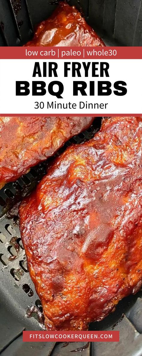 This air fryer BBQ ribs recipe uses a homemade seasoning blend & your preferred BBQ sauce. Make these low-carb, paleo, whole30 ribs in under 30 minutes! This recipe is so versatile. You can use spare ribs, baby back ribs, St. Louis style ribs or even country-style ribs. St Louis Ribs In Air Fryer, Air Fryer Ribs, Air Fryer Recipes Ribs, Boneless Prime Rib Roast, Bbq Ribs Recipe, Air Fryer Meals, Beef Back Ribs, Air Fryer Pork, Bbq Recipes Ribs