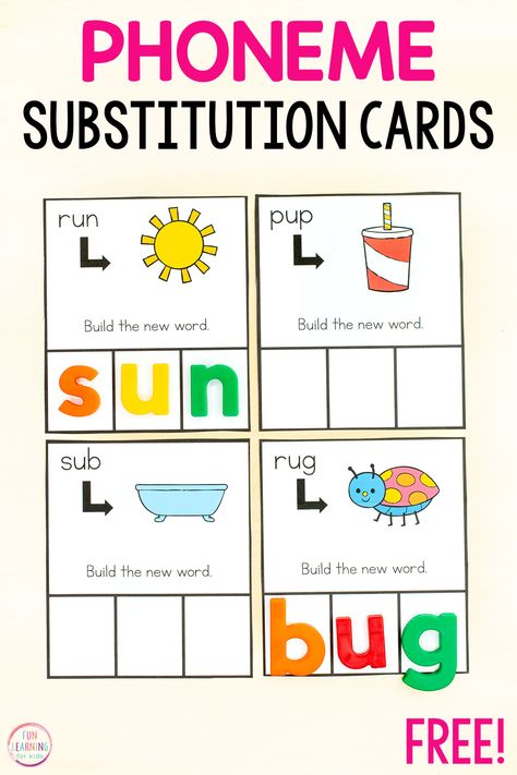 Hands-on phoneme substitution phonemic awareness and phonics activity. Perfect for reading centers or small groups in kindergarten, first grade and second grade. Phoneme Substitution Activities, Phonemes Activities, Phoneme Substitution, Word Building Activities, Ending Sounds, Middle Sounds, Phonemic Awareness Activities, Free Preschool Printables, Phonics Instruction