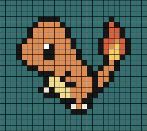 A pixel art template of Charmander from Pokémon. Pokemon Tapestry Crochet, Charizard Perler Beads, Gudetama Pixel Art, Pokemon Pixel Art 32x32, Safety Pin Art, Pokemon Pixel Art, Pixel Pokemon, Kawaii Cross Stitch, Pokemon Pixel